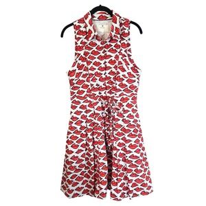 Ann Howell Bullard Red Lip Print Cotton Shirt Dress Sleeveless White Size 12